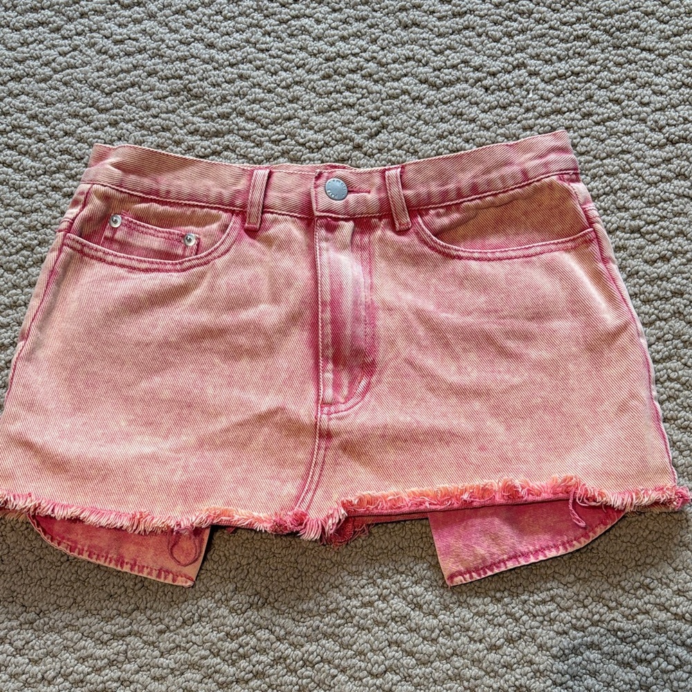 emory park Pink Denim Mini Skort with Frayed Hem